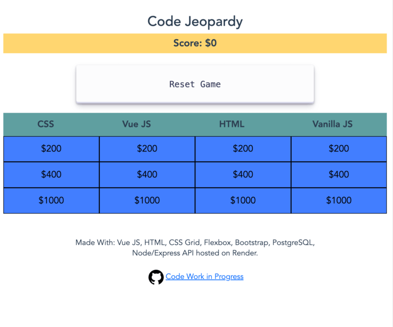 view of code jeopardy of table of clues and categories