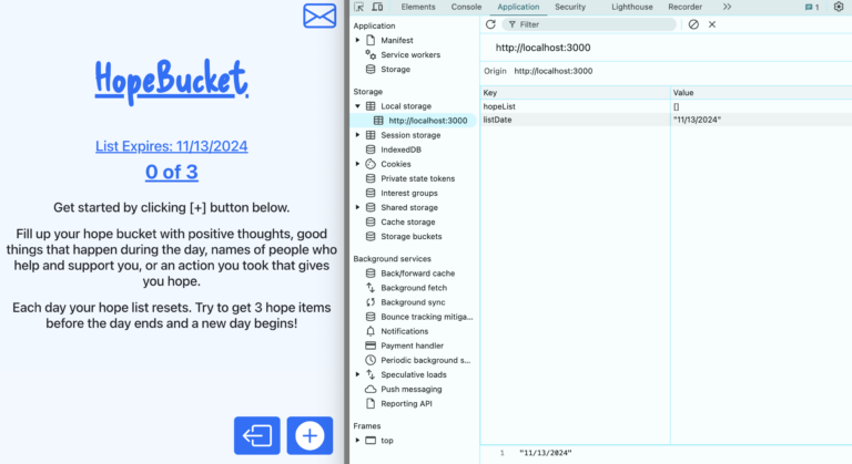 screenshot showing hopebucket app uses local storage